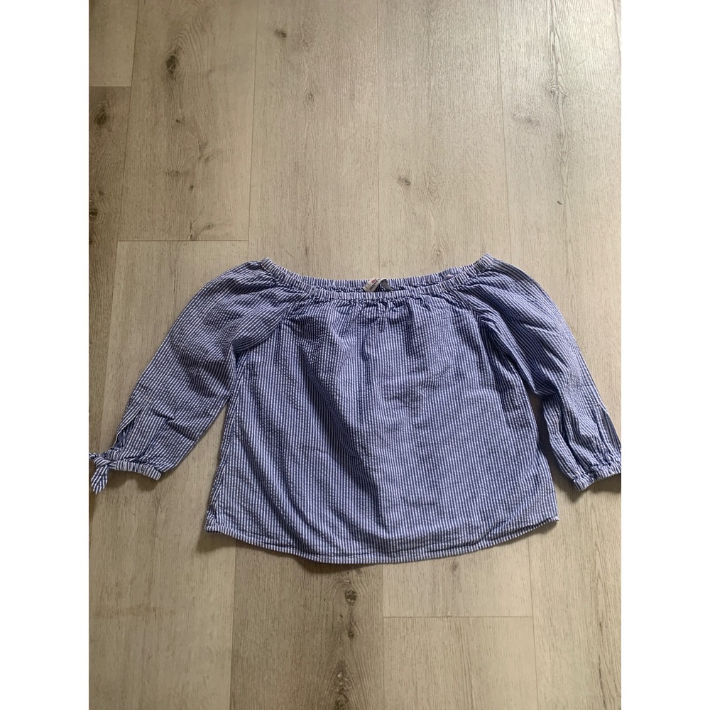 Vineyard Vines Blue White Seersucker Off Shoulder Tie Cuff Top Size‎ 4